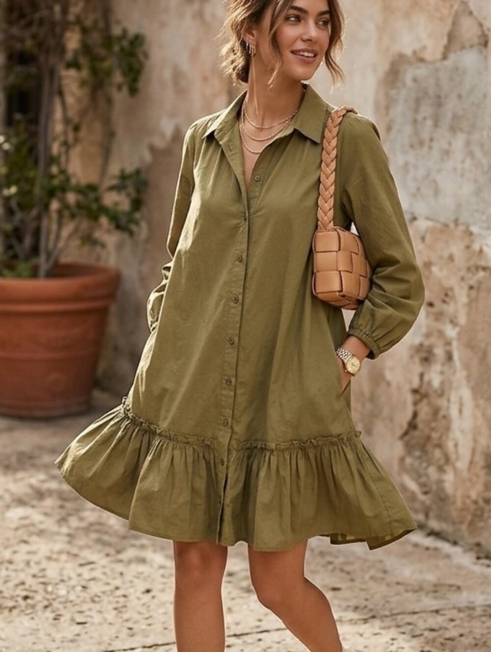Anthropologie Shelley Flounced Tunic Dress Moss Green Yellow